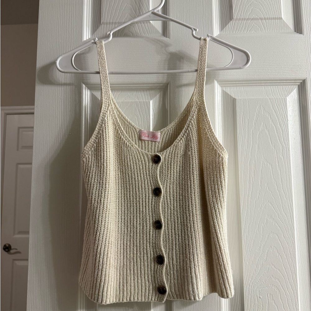 Pink Lily Beige Button-Up Knit Tank Top